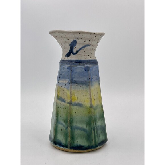 Handmade Studio Art Pottery Vase Signed MEG Sunset Glaze in Green, Yellow & Blue - Picture 4 of 10